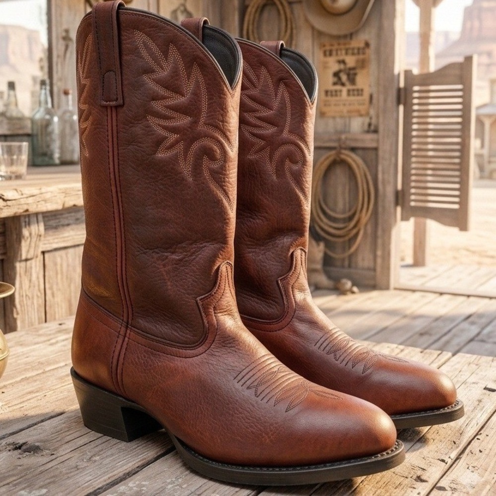 Dingo Mens Brown Leather Western Cowboy Boots Round Toe Stitch Detail Size 11D